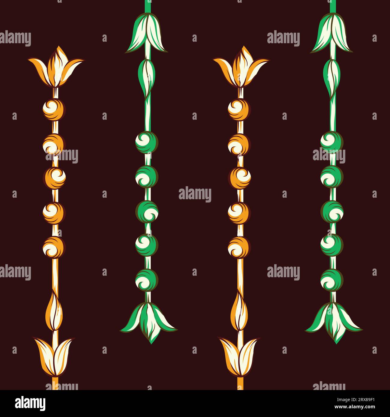 Ein Satz von vier verschiedenen farbigen Blumen wirbelt auf einem dunklen Hintergrund Stock Vektor