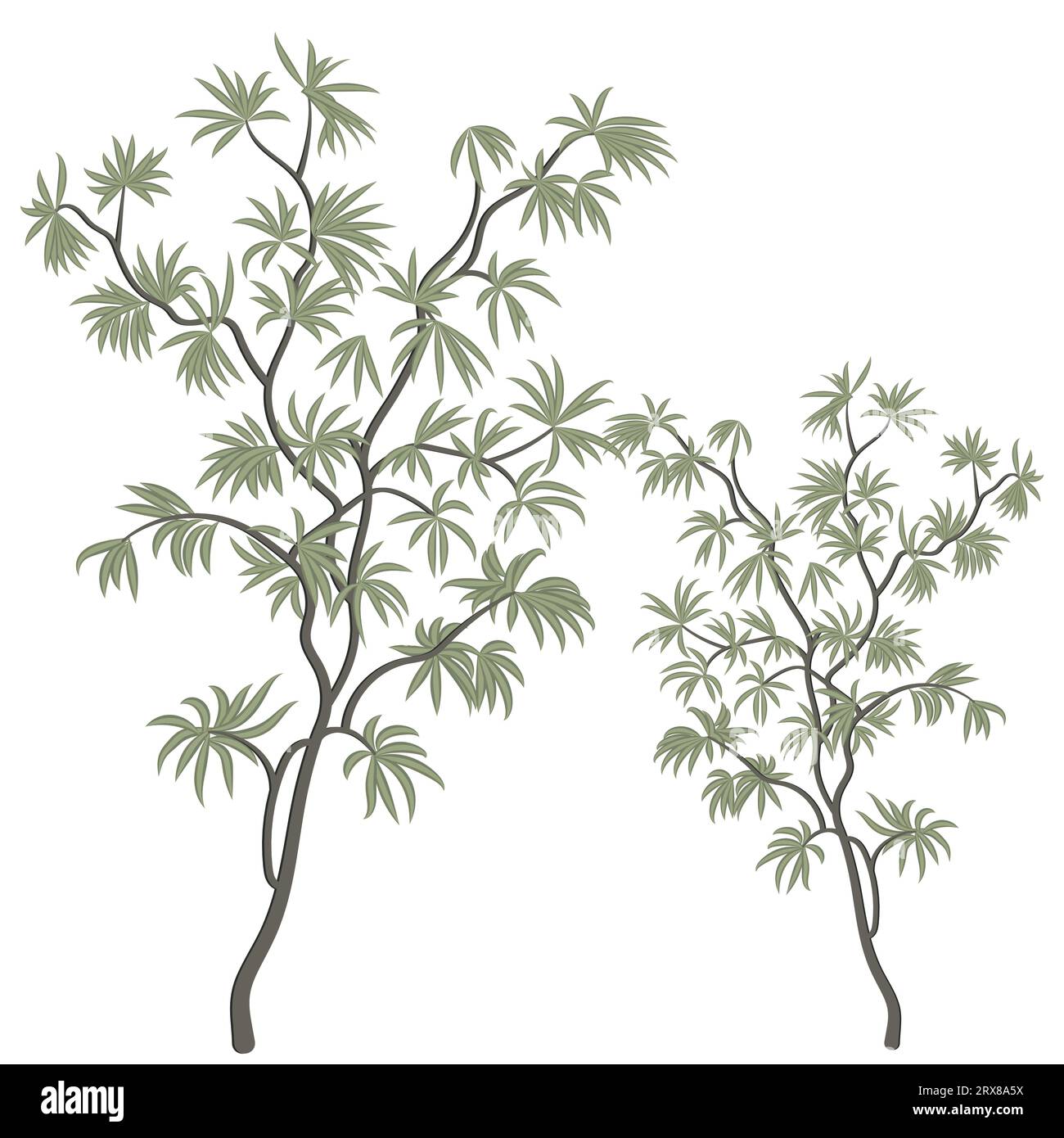 Eine Zeichnung von zwei Bäumen mit grünen Blättern Stock Vektor