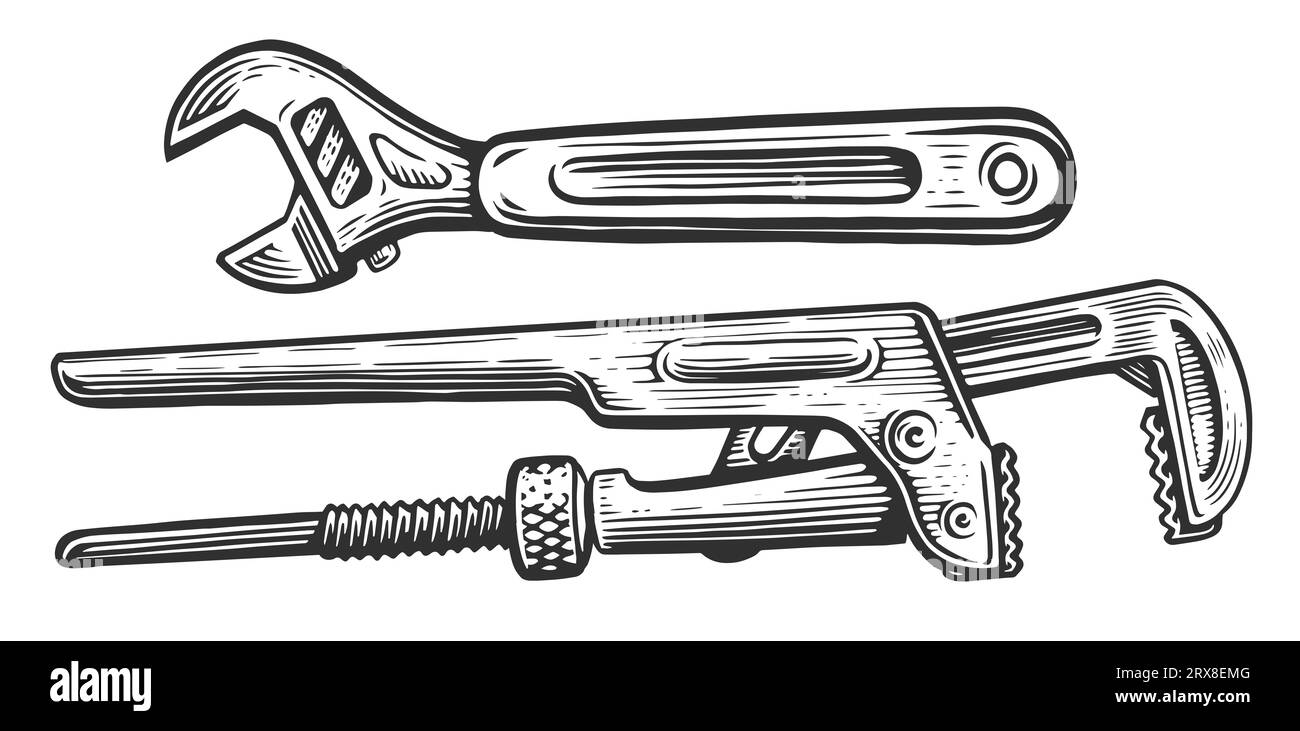 Schraubenschlüssel im Skizzenstil. Konstruktion, Rohrschraubenschlüssel Vintage Illustration Stockfoto