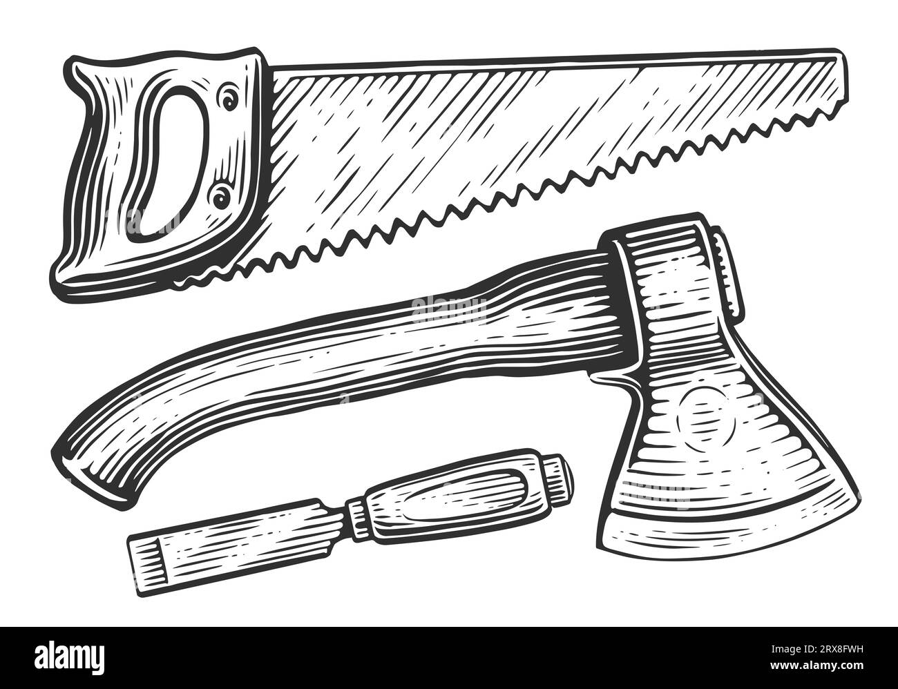 Bügelsäge, Axt, Holzschneider. Set mit Werkzeugen für die Holzbearbeitung und Zimmerei. Skizzenzeichnung Stockfoto