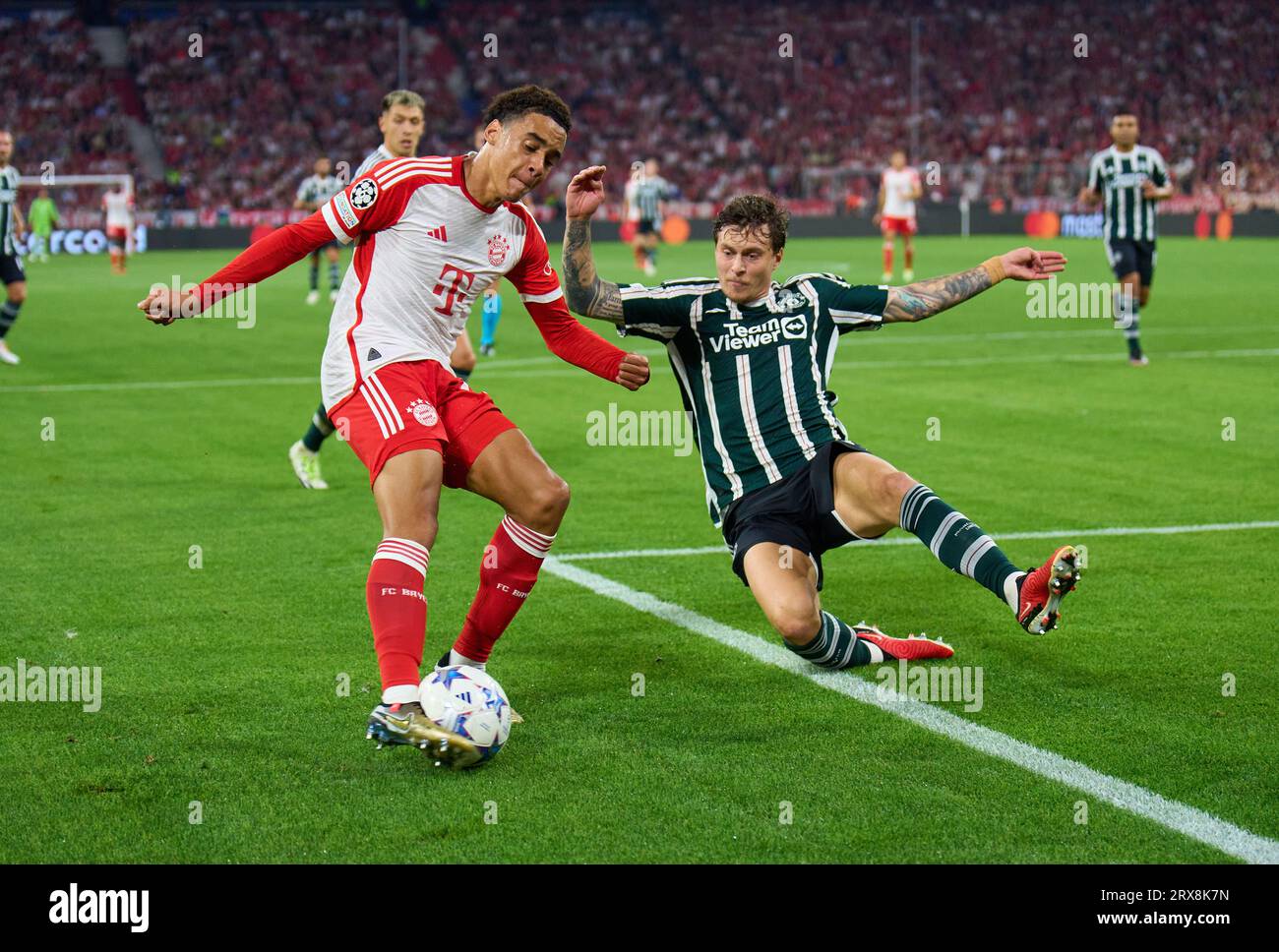 Jamal MUSIALA, FCB 42 konkurrieren um den Ball, Tackle, Duell, Header, zweikampf, Action, Kampf gegen Victor LINDELOEF, Manu 2 im Gruppenspiel FC BAYERN MÜNCHEN - MANCHESTER UNITED 4-3 der UEFA Champions League in der Saison 2023/2024 in München, 20. September 2023. Gruppenphase, MANU, FCB © Peter Schatz / Alamy Live News Stockfoto