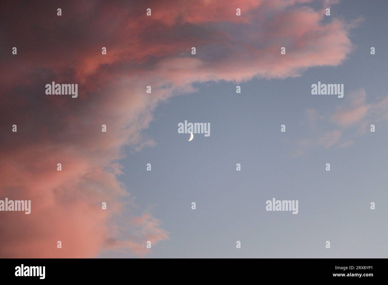 Blick auf den Abendhimmel mit einem Halbmond und einigen Wolken aus Rumsey Park, Payson, Arizona. Stockfoto
