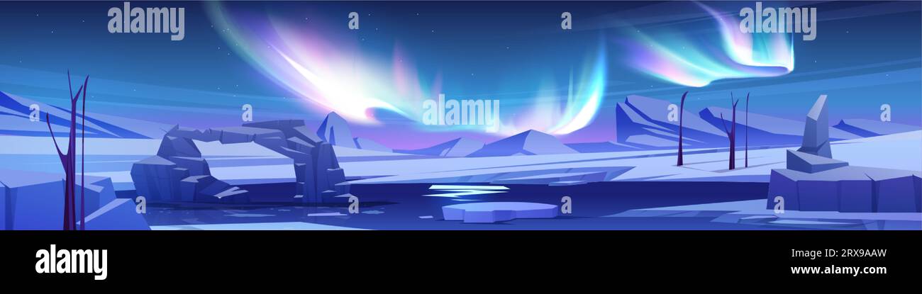 Alaska Night Cartoon Panoramahintergrund mit polaraurora. Nordhimmel- und Borealisphänomen in friedlicher Winterumgebung. Frieren Sie die Seenlandschaft ein Stock Vektor
