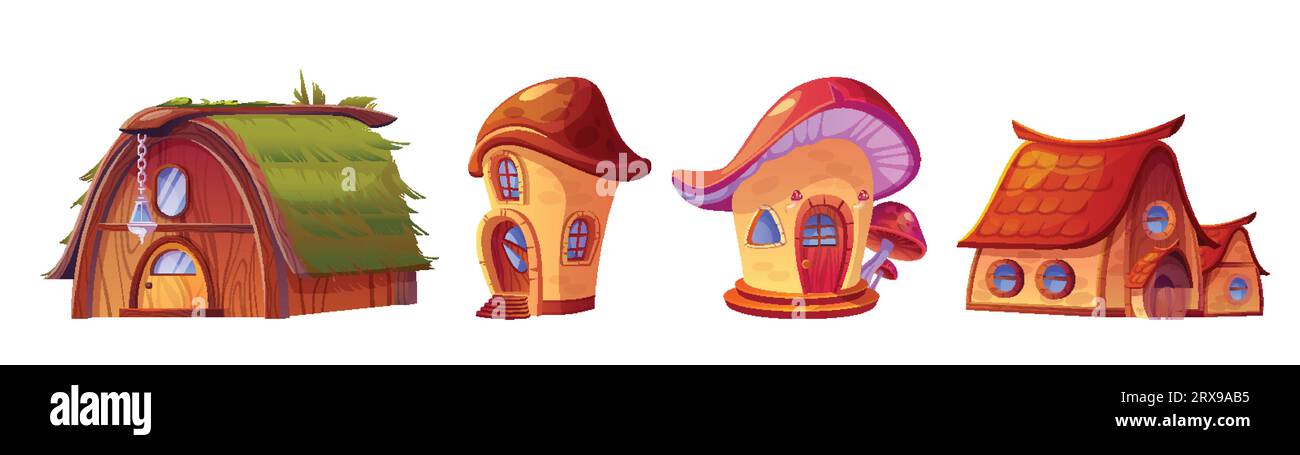 Märchenhafte Fantasy-Häuser und Hütten von Gnomen und Elfen mit Türen und Fenstern. Zeichentrickvektor-Illustration Set von Pilz nach Hause und verschiedene winzig Stock Vektor