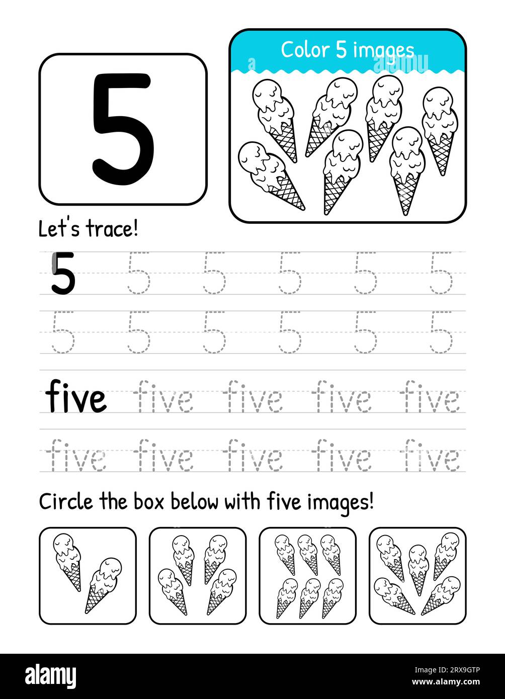 Arbeitsblattseite „Tracing Book“ Mit „Word And Number Five“ Und Aktivitäten Zum Ausmalen Und Zählen Stock Vektor