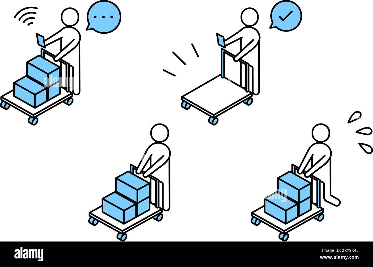 Einfache Linienzeichnung einer Person, die eine Lieferung mit einem Wagen, DX, IT, Logistik, Distribution vornimmt Stock Vektor