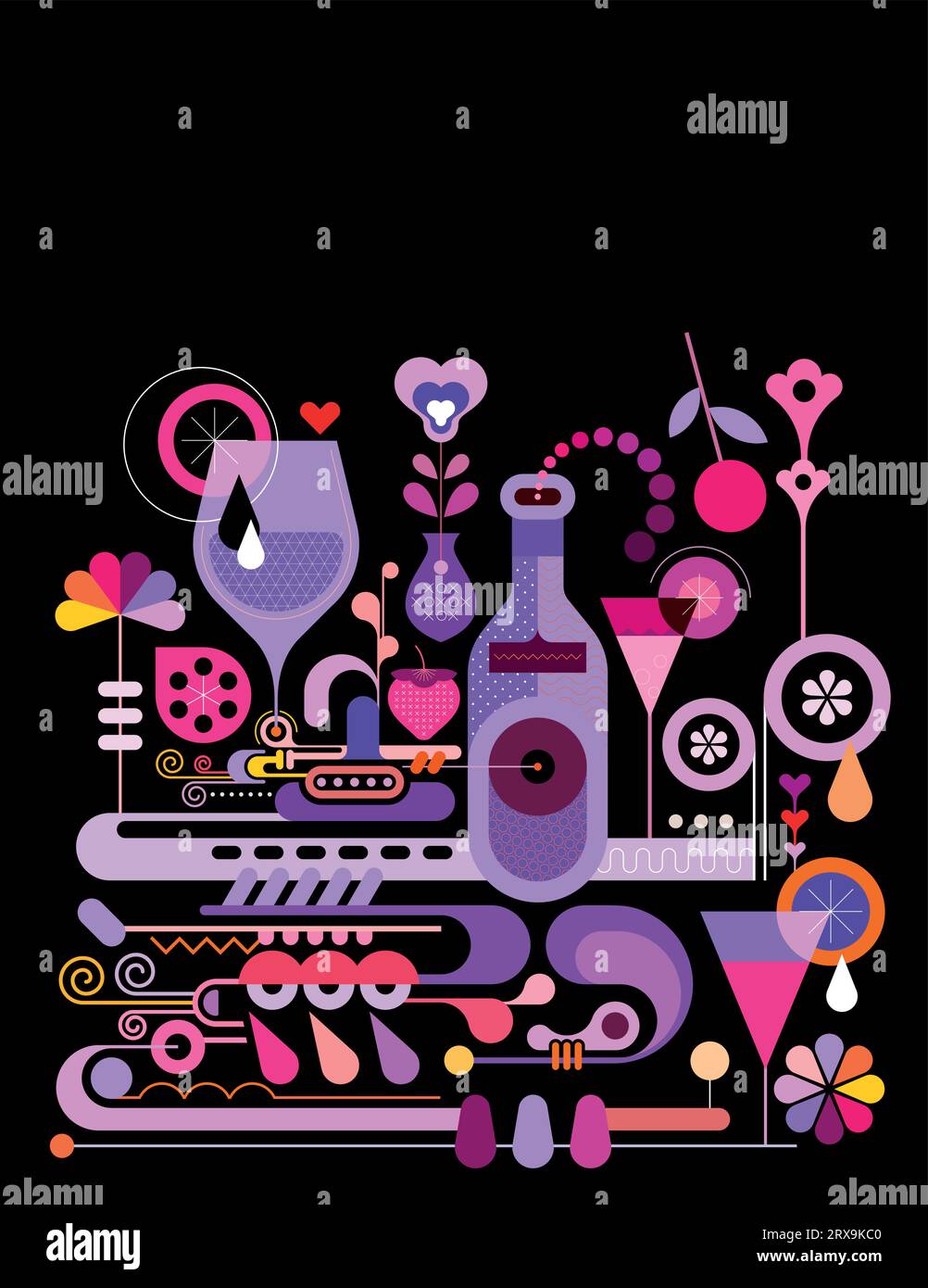 Farbdesign isoliert auf einem schwarzen Hintergrund Cocktail Herstellung Vektor Illustration. Kreative Mischung aus Cocktailgläsern mit Fruchtscheiben, Flaschen Alkohol Stock Vektor