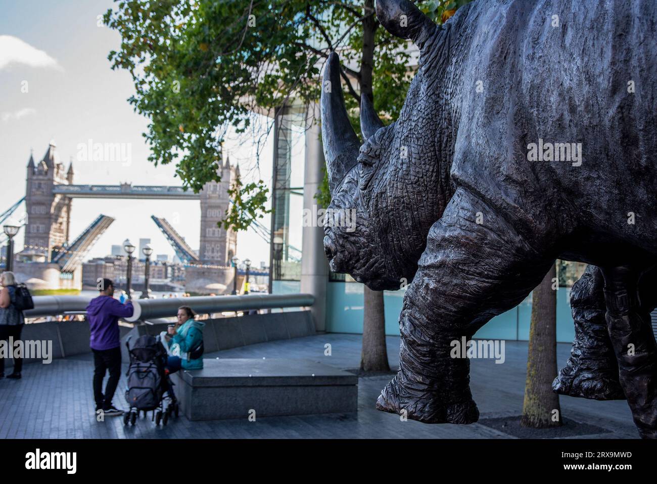 London, Großbritannien. September 2023. Der Titel der Statue „Rise up Rhino“, die Tower Bridge, ist im Hintergrund geöffnet. Gillie und Marc Schattner sind ein australisches Künstlerpaar. Sie sind bekannt für ihre Mensch-Tier-Hybridskulpturen. Sie haben eine Open-Air-Ausstellung in London mit dem Titel "Love the Last", weil alle Tiere gefährdet sind. In den letzten 50 Jahren sind 70 % der Tiere weltweit verloren gegangen. Wir müssen sie retten. Quelle: SOPA Images Limited/Alamy Live News Stockfoto