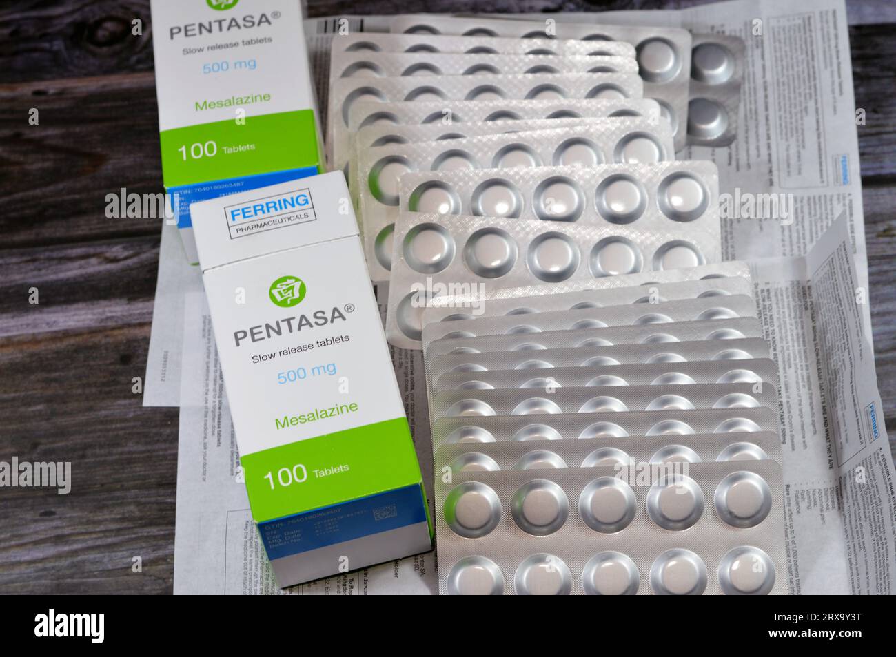 Kairo, Ägypten, 4. September 2023: Pentasa 500mg langsam freisetzende Tabletten, Mesalazin, verwendet in der Behandlung der Colitis ulcerosa, von Ferring Pharmaceuticals, A Stockfoto