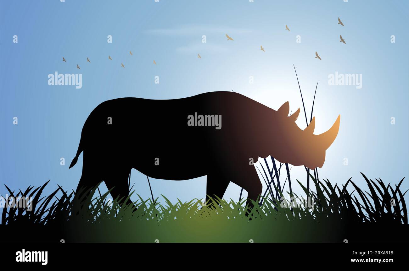 Rhinozeros-Silhouette mit Tierdesign. Handgezeichnete Vektorillustration im Minimalismus-Stil Stock Vektor