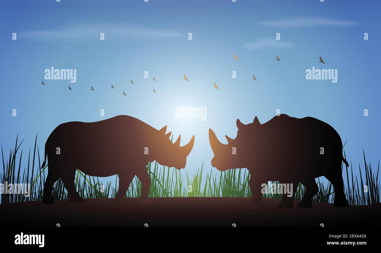 Rhinozeros-Silhouette mit Tierdesign. Handgezeichnete Vektorillustration im Minimalismus-Stil Stock Vektor