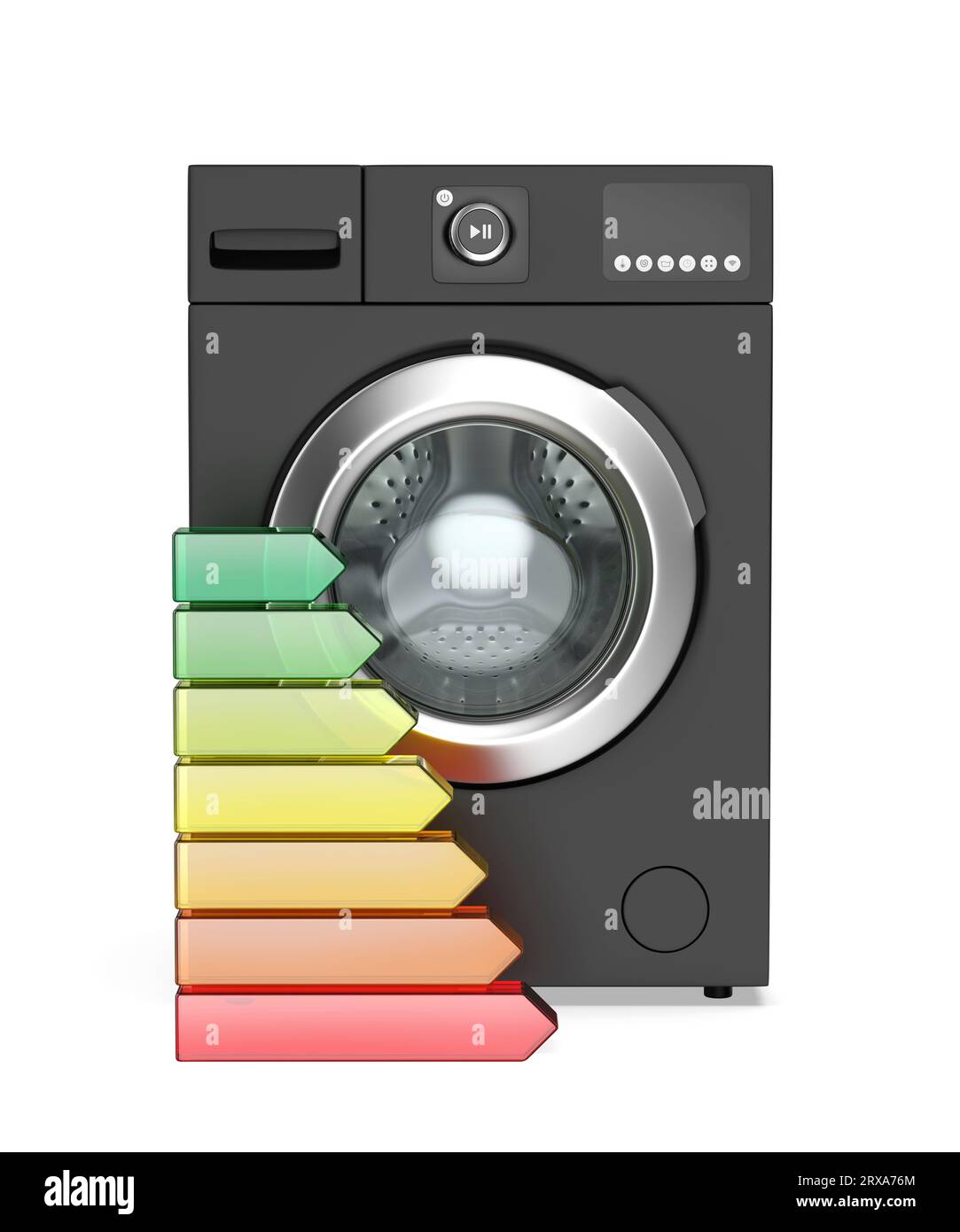 Schwarze Frontlader-Waschmaschine und Energieeffizienzstufen, Vorderansicht Stockfoto
