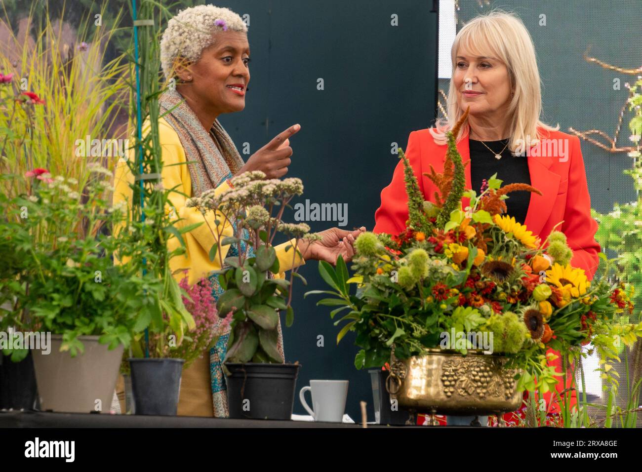 Gartenberatung von zwei Fernsehmoderatoren, Arit Anderson und Nicki Chapman im Gartentheater der Herbstshow Malvern in Stockfoto