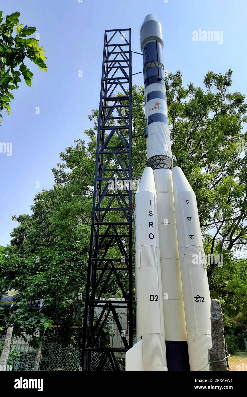 Ansicht des Modells des Trägerfahrzeugs von ISRO im Periyar Science and Technology Centre in Chennai, Indien, Asien Stockfoto