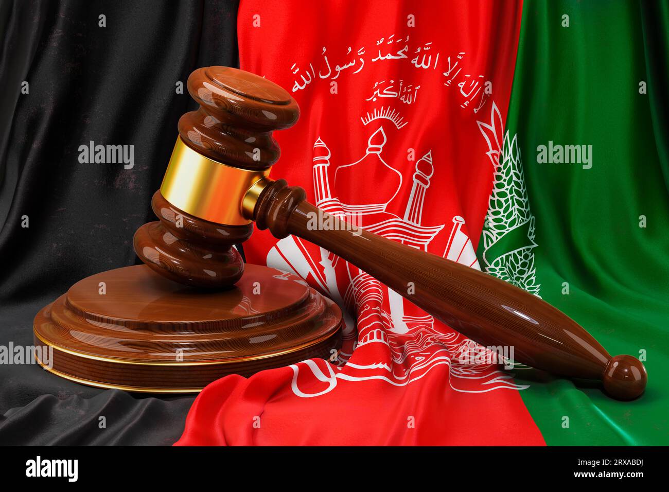Afghanisches Recht- und Justizkonzept. Holzgabel auf der Flagge Afghanistans, 3D-Rendering Stockfoto