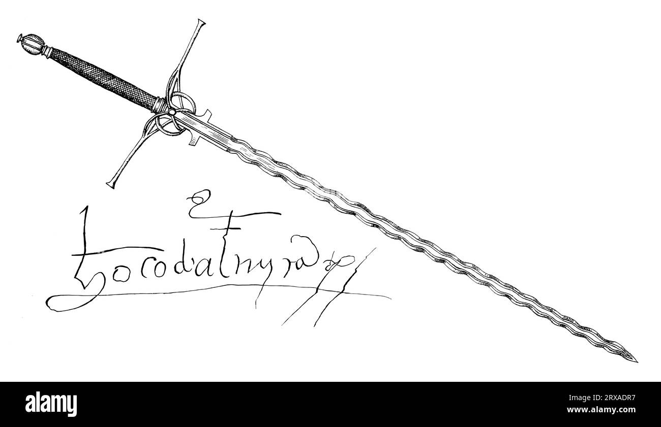 Zweihändiges Schwert und Autogramm von Vasco da Gama, ca. 1460–1524, portugiesischer Forscher, digital bearbeitet Stockfoto