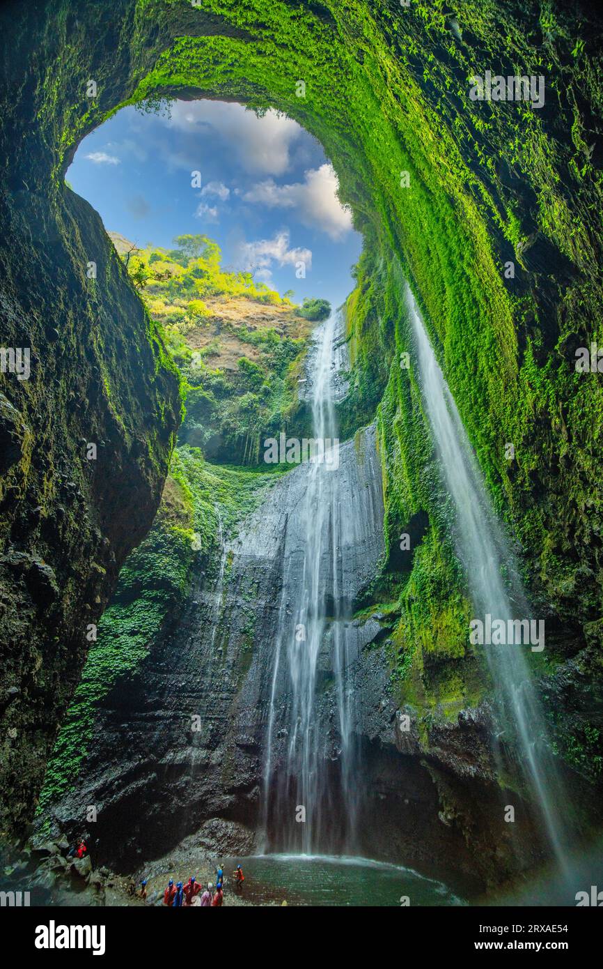 Wunderschöne Wasserfälle an sonnigen Tagen, Blick von unten Madakaripura Wasserfall ist der höchste Wasserfall in Ost-Java, Indonesien Stockfoto