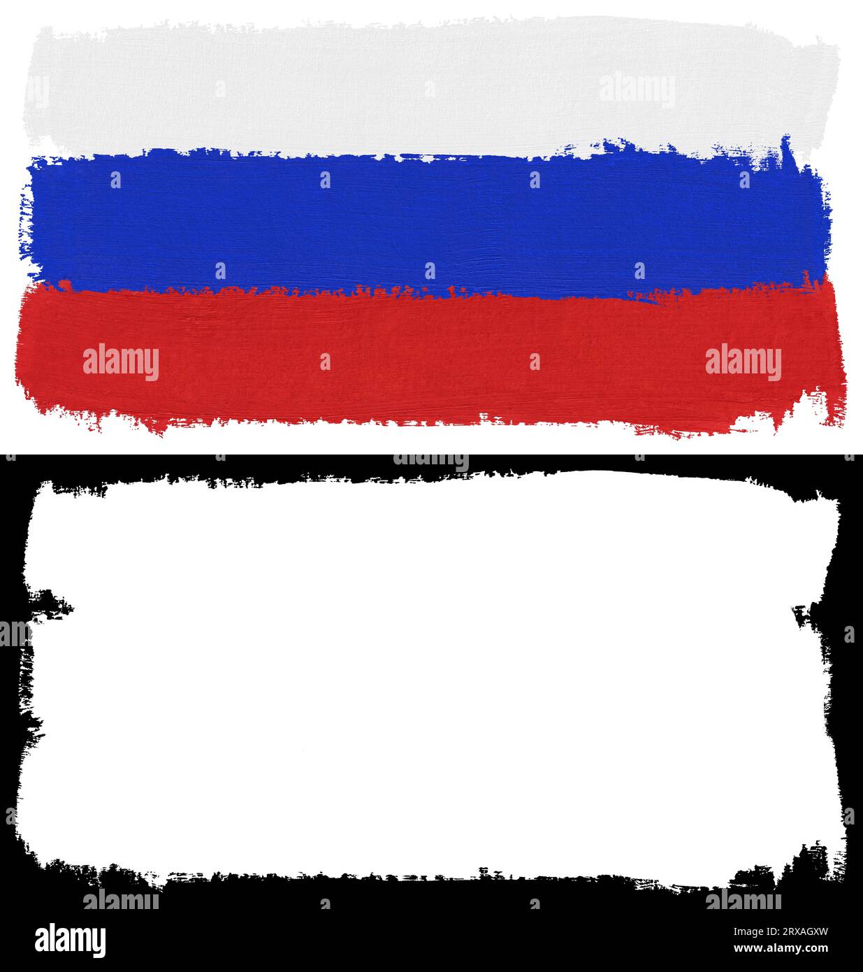 Flagge von Russland Farbe Pinselstrich Textur isoliert auf weißem Hintergrund mit Clipping Maske (Alpha-Kanal) für schnelle Isolierung. Stockfoto