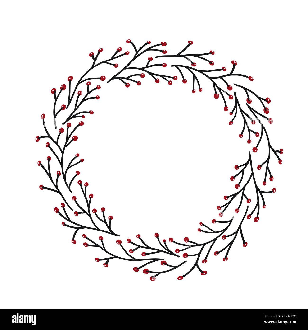 Winterbeerzweig-Kreiskranz für Karten oder Einladungen, Sammelalbum in zarten Pastelltönen. Vektor-Hintergrund-Rahmen, isolierte Hand gezeichnet Doodle sim Stockfoto