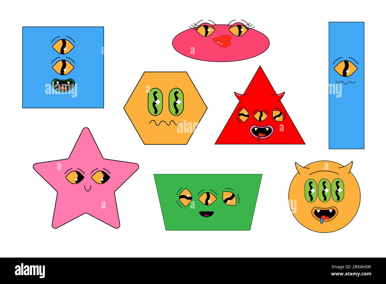 Geometrische groovige Psychedel-Formen, abstrakte Live-Elemente. Vektorillustration, Quadrat, Kreis, Dreieck, Rechteck Stock Vektor