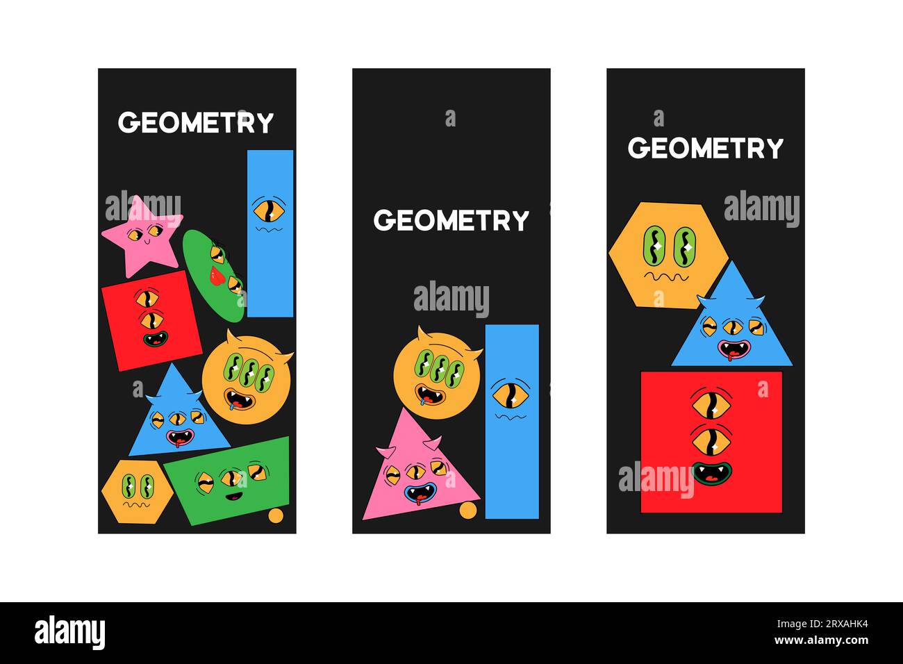 Geometrische Formen. Lesezeichen. Groovende psychedelische Illustration. Lebendige Elemente. Vektorillustration Stock Vektor