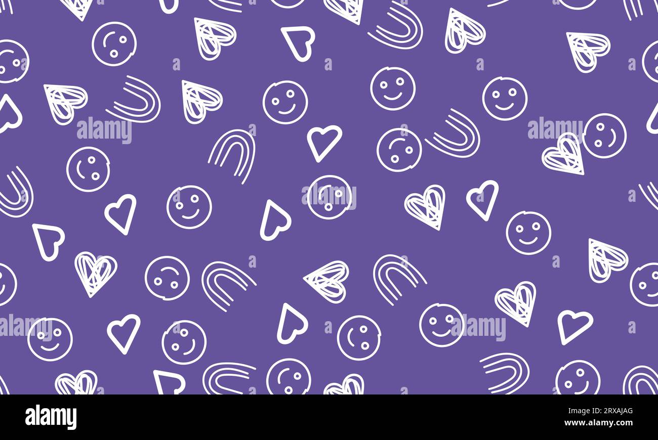 Nahtloses Liebesmuster mit Herz, Emoji, Xoxo und Sternen, Scribble Hand gezeichnetes Muster, Doodle nahtloses Muster auf violettem Hintergrund Stock Vektor