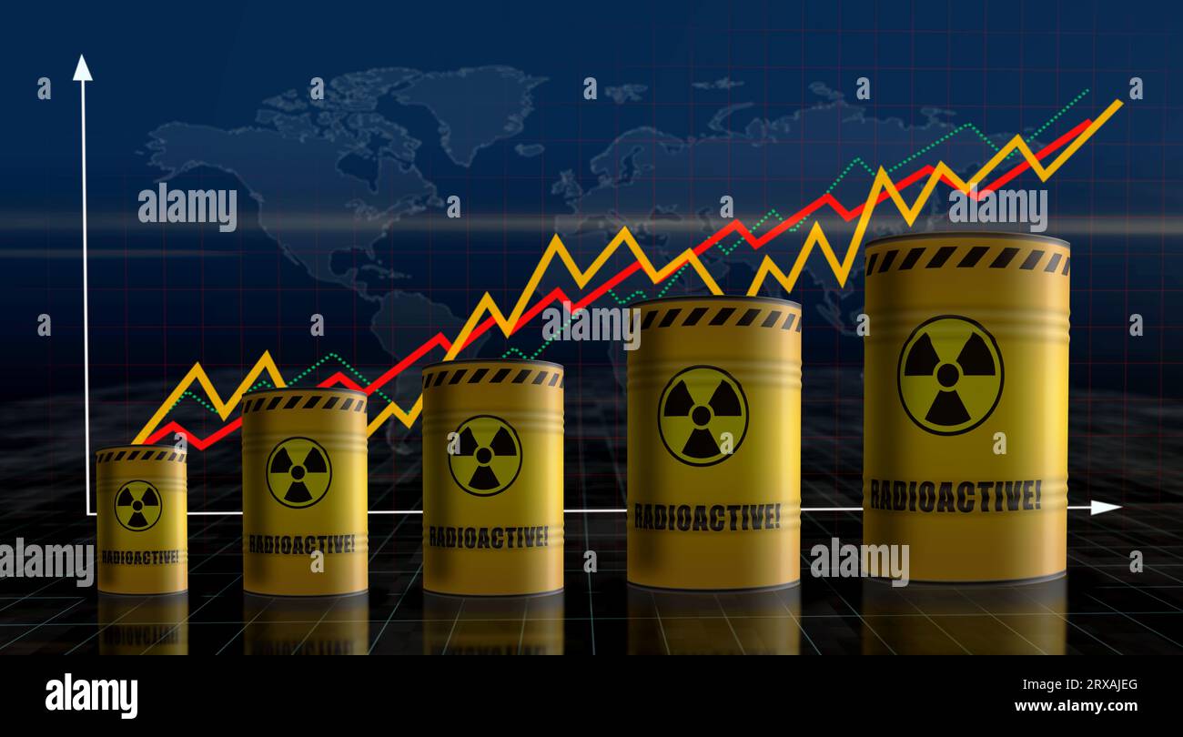 Atommüllfässer auf Wachstumskarte. Gefahr Strahlenbelastung industrieller Metallbehälter mit Statistikdiagramm 3. Illustration. Stockfoto