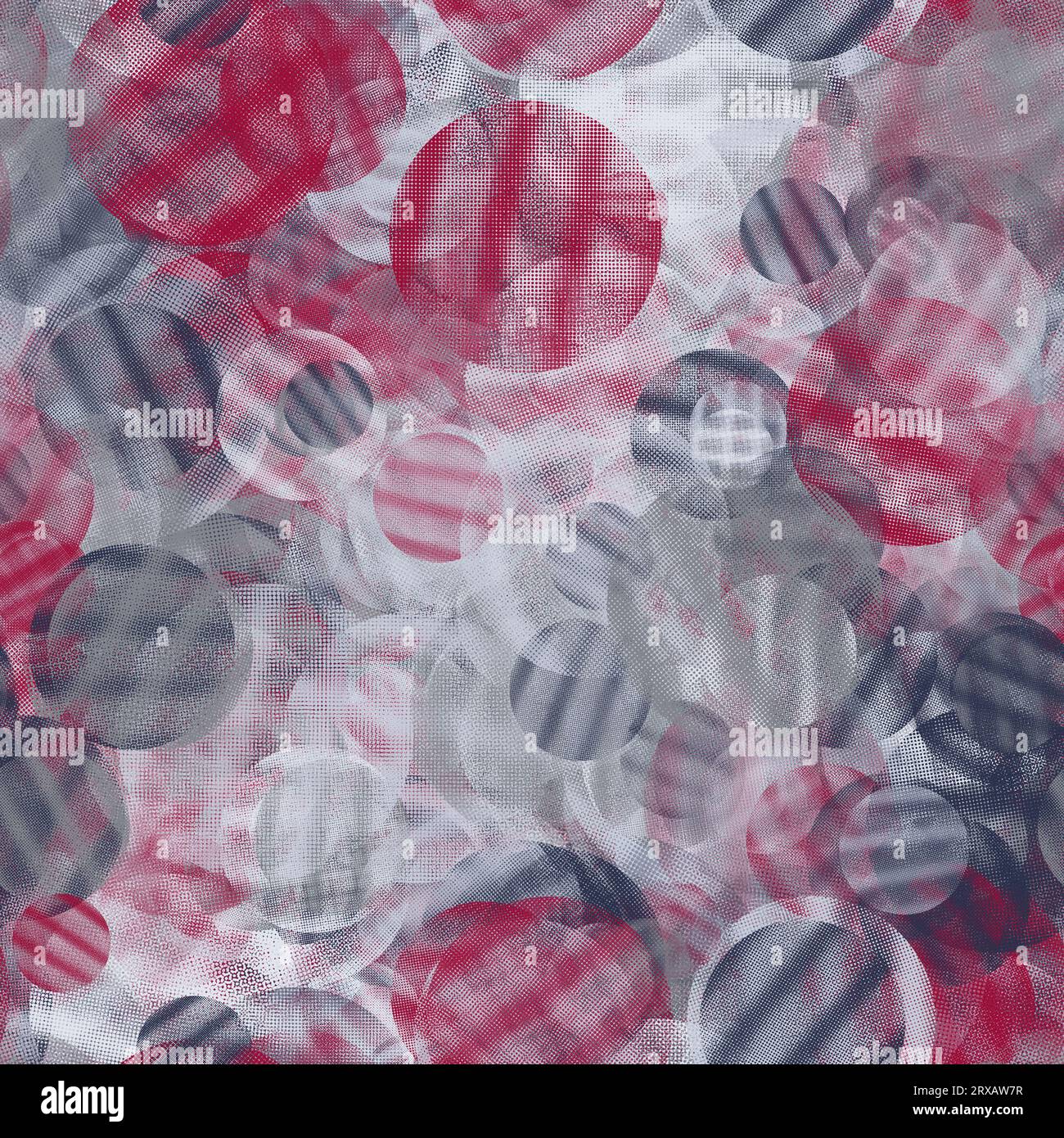 Blaue, rote, weiße und graue Kreise mit Halbtonstruktur. Nahtloses Muster. Stockfoto