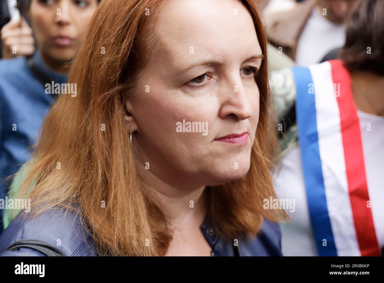 Paris, Frankreich. September 2023. Murielle Guilbert nimmt an der Demonstration für das Ende von systemischem Rassismus und Polizeigewalt, für soziale Gerechtigkeit Teil. Stockfoto