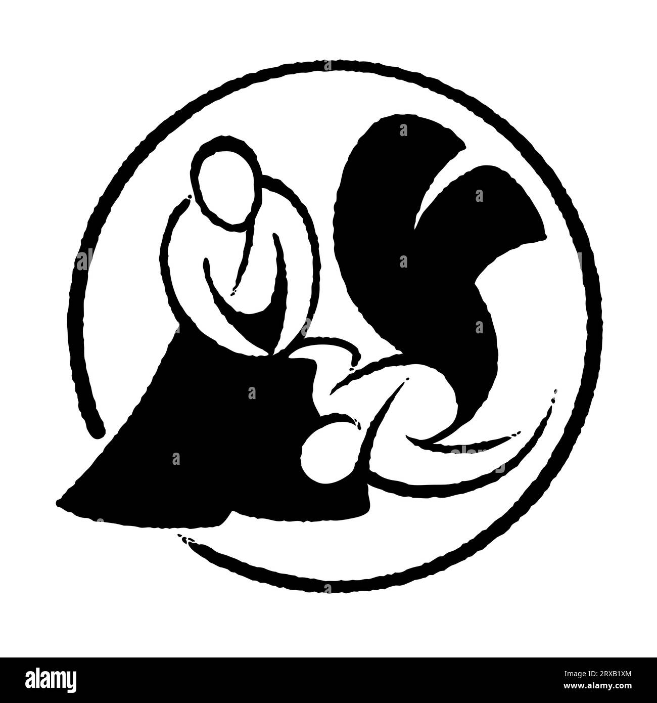 Aikido schwarz-weißes Tintenlogo, handgezeichnete Pinselstriche. Einfache Zeichnung der japanischen Kampfkunst Vektorillustration. Stock Vektor
