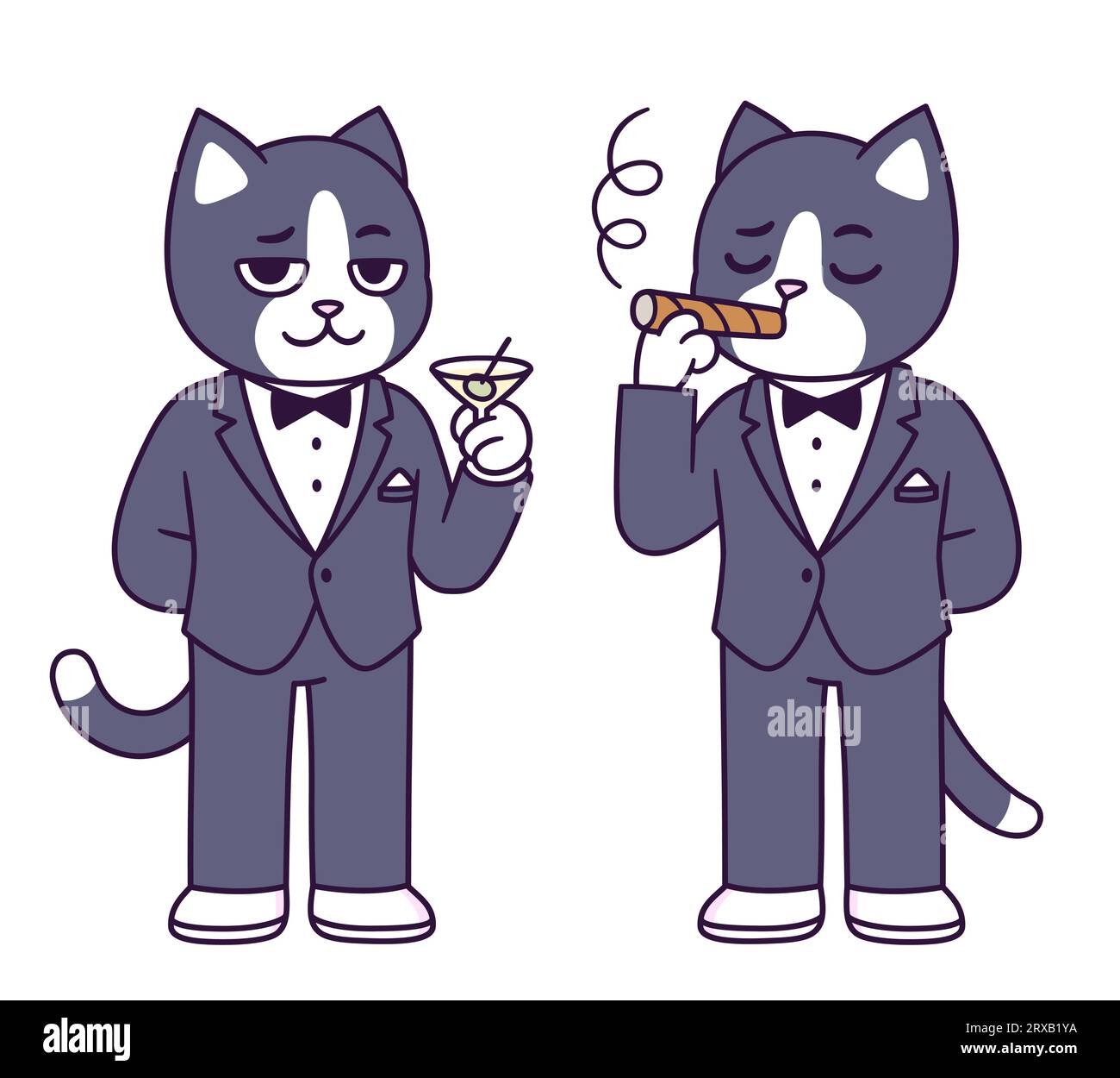Tuxedo-Katze-Zeichentrickfigur. Lustige Katze in schwarzem Krawattenanzug mit Martiniglas und rauchender Zigarre. Niedliche Vektorillustration. Stock Vektor