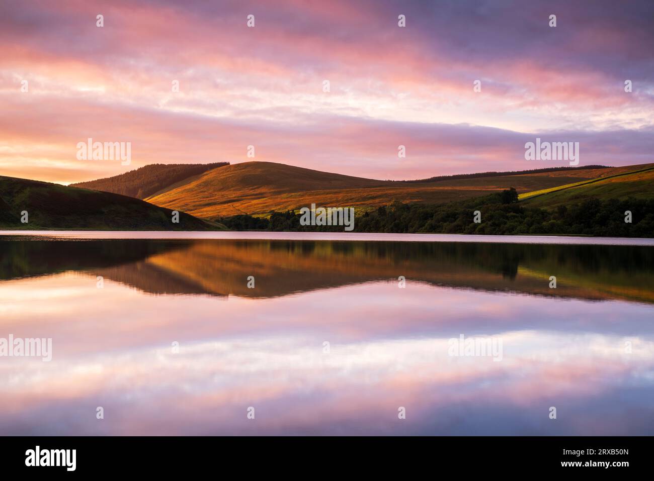 Ein spektakulärer Sonnenaufgang spiegelt sich im Wasser des Glenbuck Loch bei Muirkirk in East Ayrshire, Schottland. Stockfoto