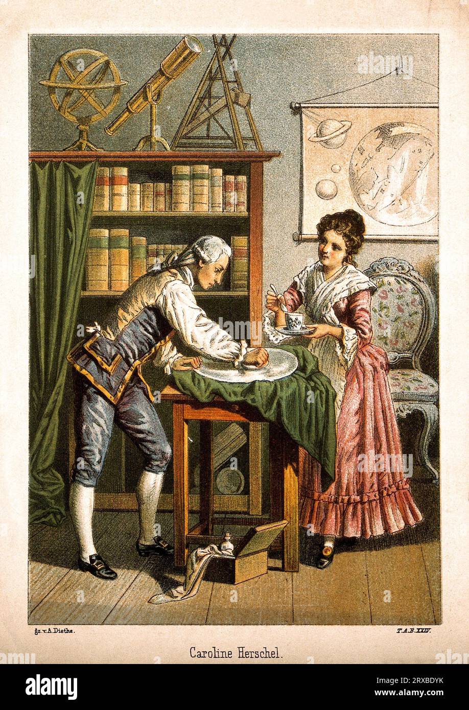 William Herschel, 1738–1822, und seine Schwester Caroline Herschel, 1750–1848, Farblithographie von Alfred Richard Diethe, 1896 Stockfoto