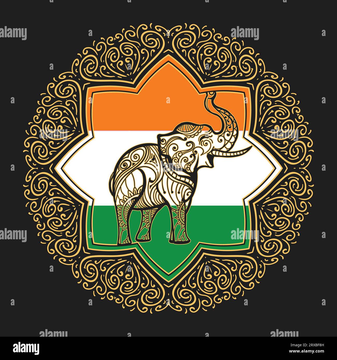 Goldenes Symbol des Elefanten auf indischem Mandala-Hintergrund isoliert auf schwarzem Hintergrund. Vektorillustration. Stock Vektor