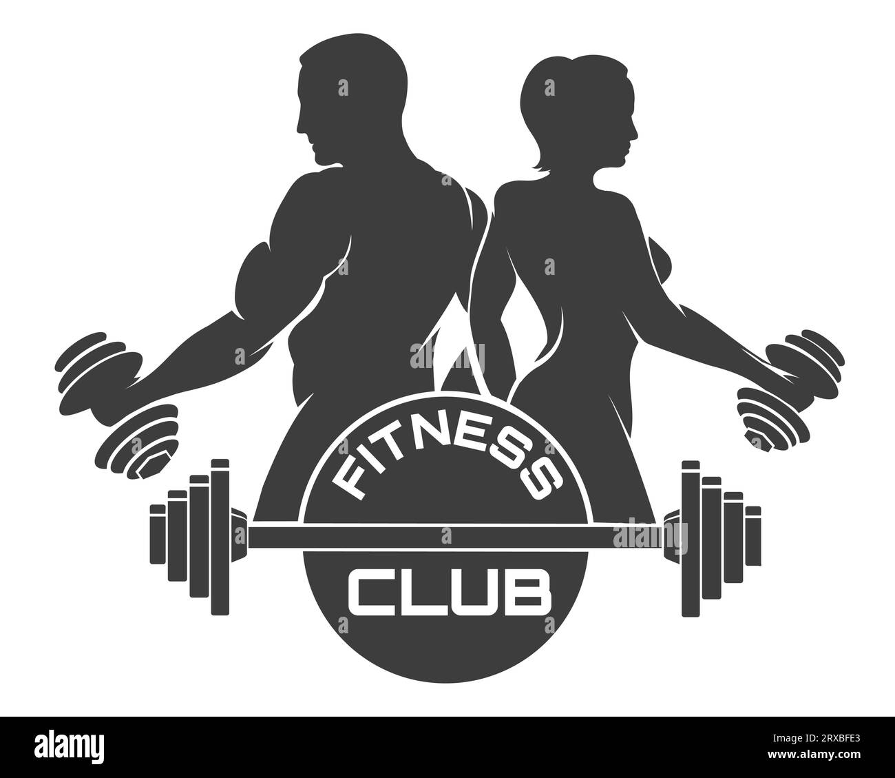 Fitness Club-LOGO oder -Emblem mit Bodybuildern und Langhantel isoliert auf weiß. Vektorillustration. Stock Vektor