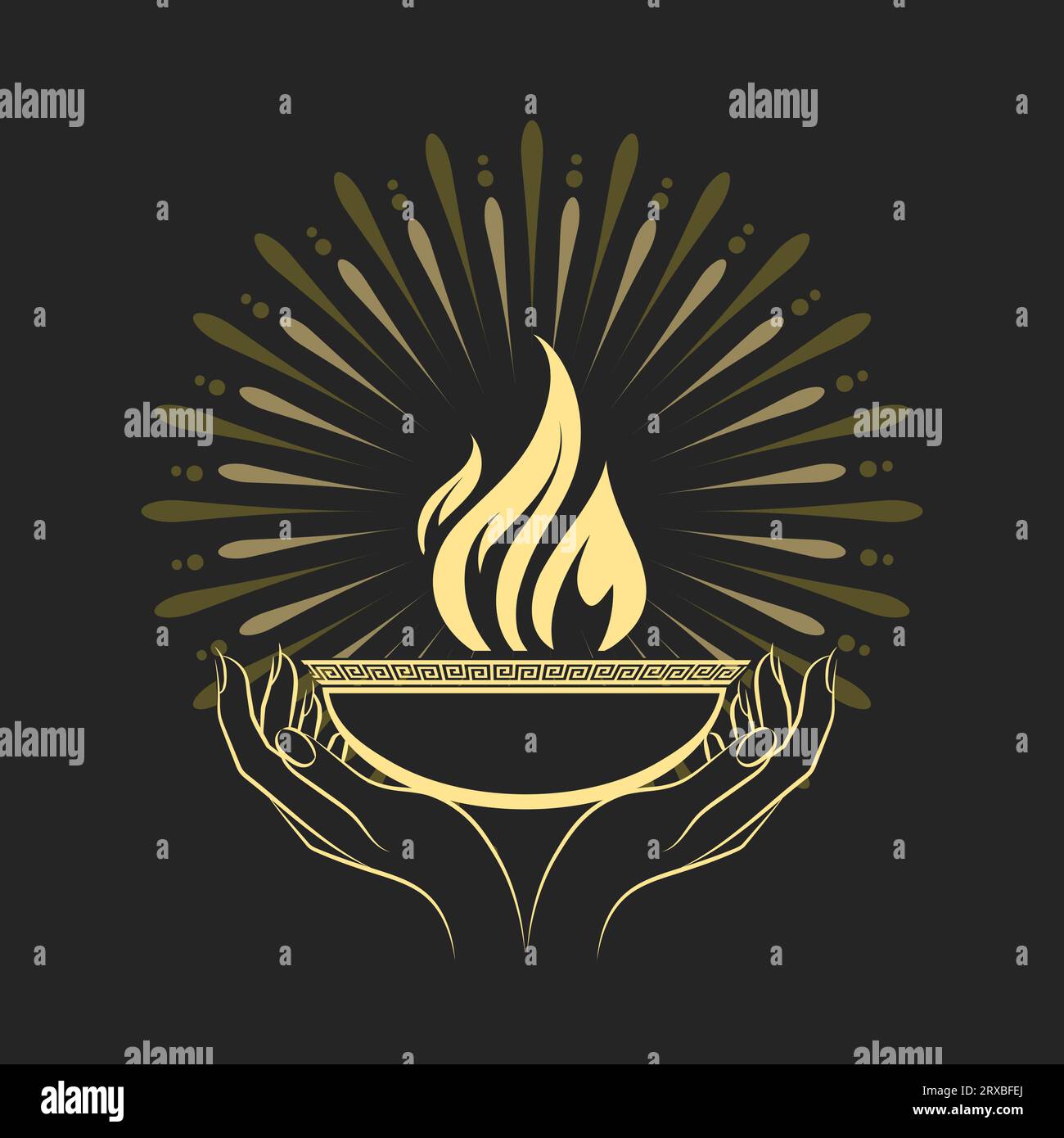 Frauenhände mit heiligem Feuer-Esoterisches Emblem isoliert auf Schwarz. Vektorillustration Stock Vektor