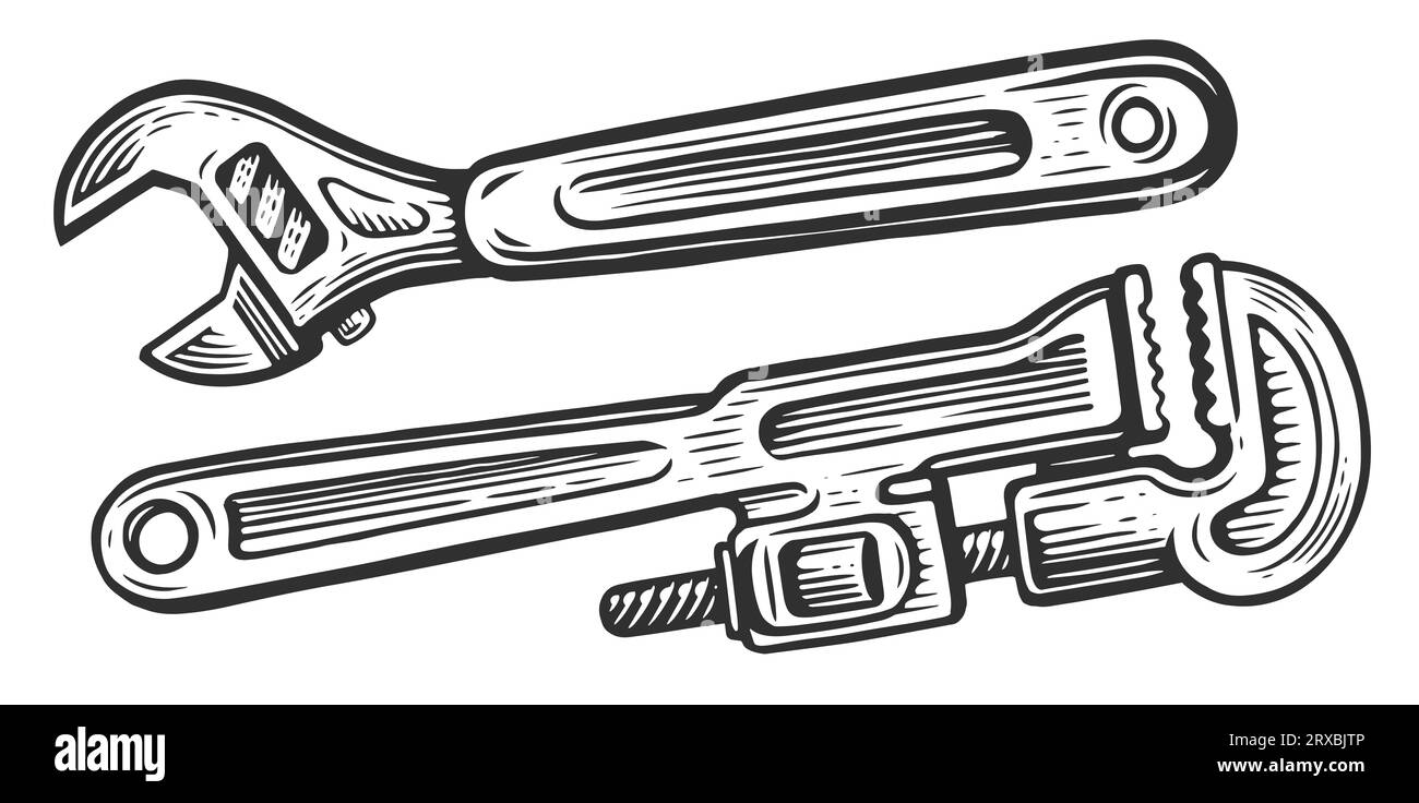 Konstruktion, Rohrschraubenschlüssel Vintage Illustration. Schraubenschlüssel im Skizzenstil Stockfoto