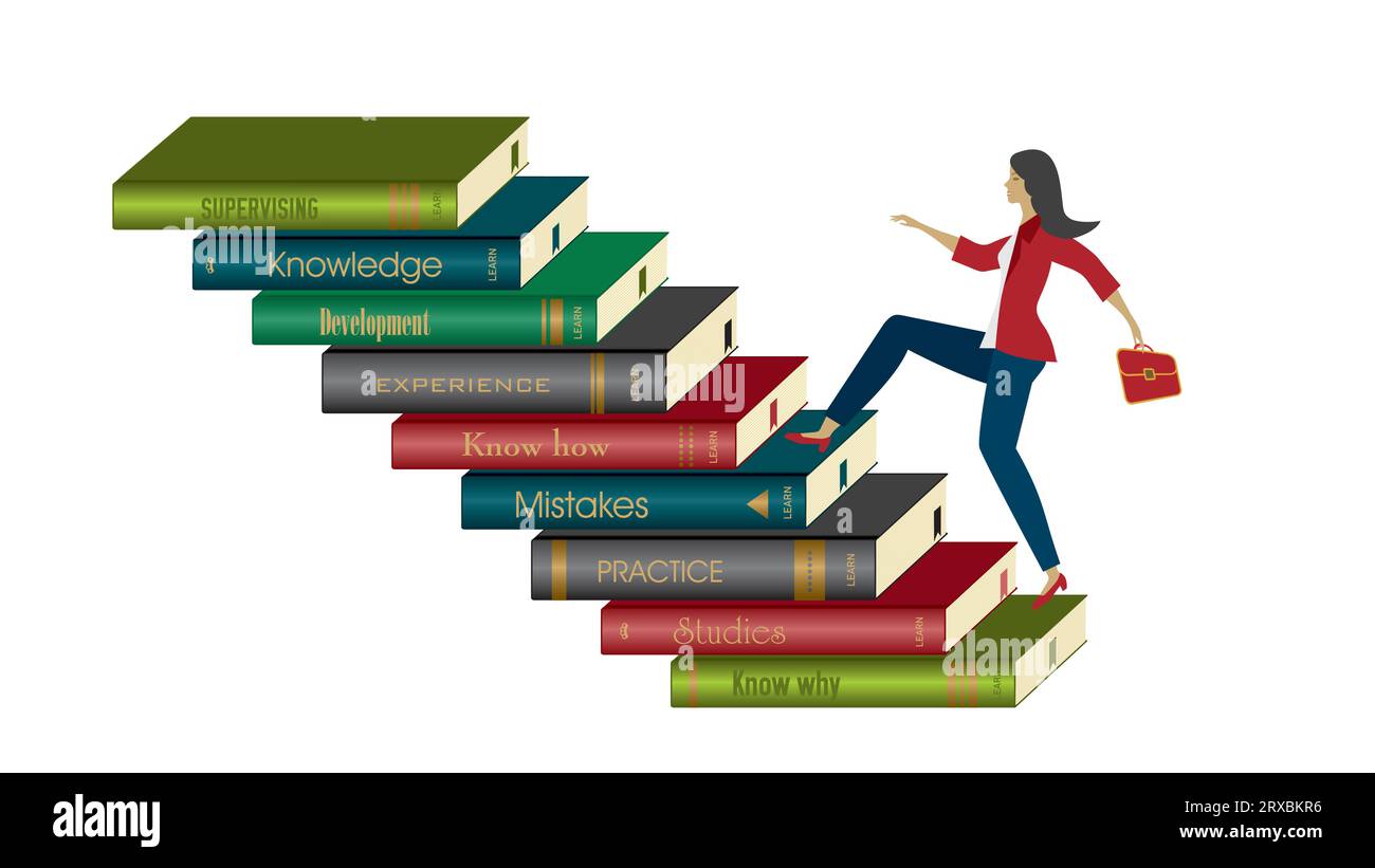 Eine Frau, die auf einem Bücherhaufen nach oben läuft. Isoliert. Vektorillustration. Stock Vektor