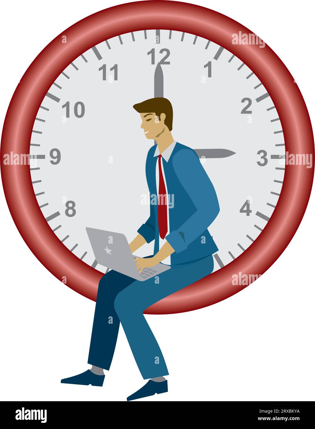 Mann mit Laptop, der in der Uhr sitzt. Zeitmanagement, Deadline. Isoliert. Vektorillustration. Stock Vektor