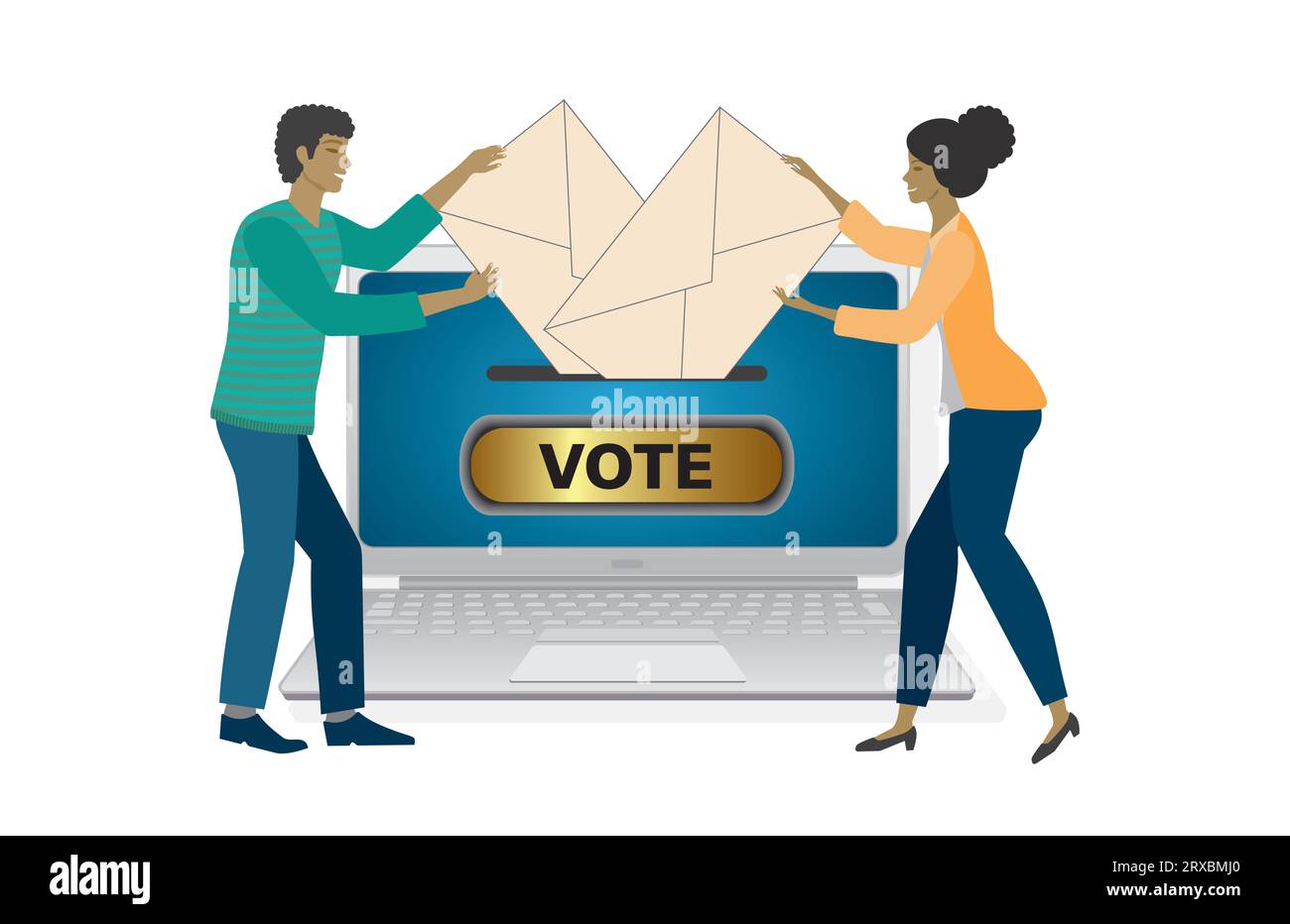 Mann und Frau lassen ihre Stimmen online. Isoliert. Vektorillustration. Stock Vektor