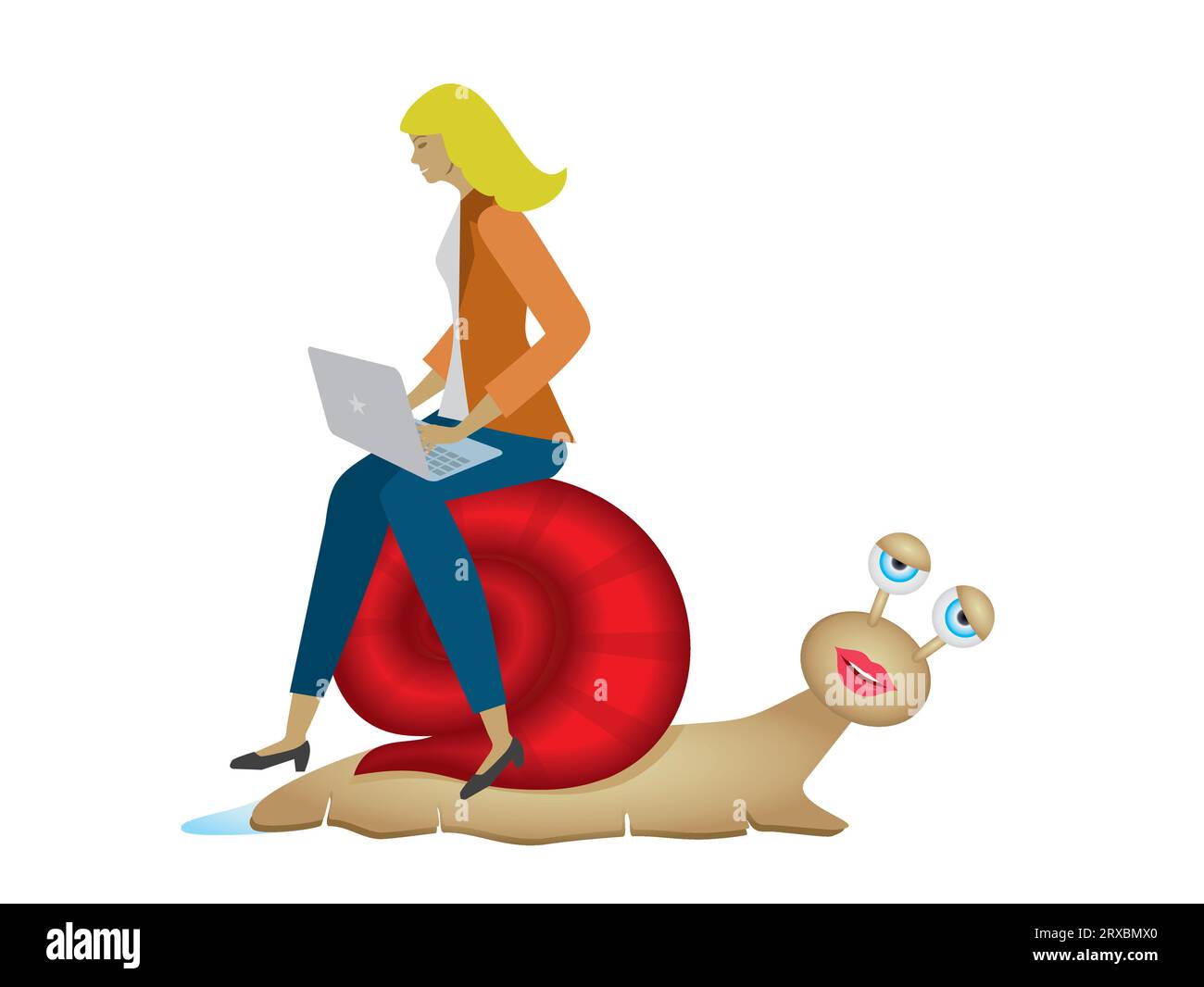 Frau mit Laptop, die auf müder Schnecke reitet. Isoliert. Vektorillustration. Stock Vektor