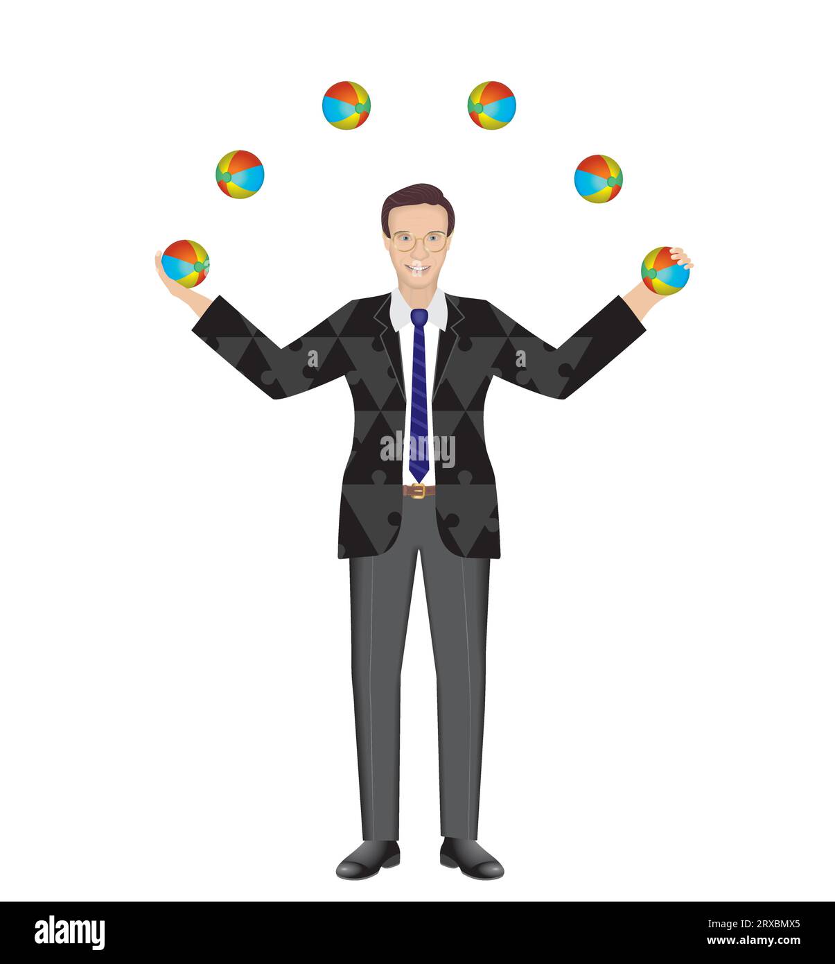 Mann jongliert mit Bälle. Multitasking, Koordinate. Kostüm mit Puzzleteilen. Isoliert. Vektorillustration. Stock Vektor