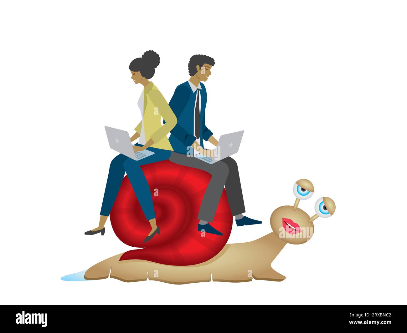 Mann und Frau mit Laptops, die auf einer langsamen, müden Schnecke reiten. Isoliert. Vektorillustration. Stock Vektor