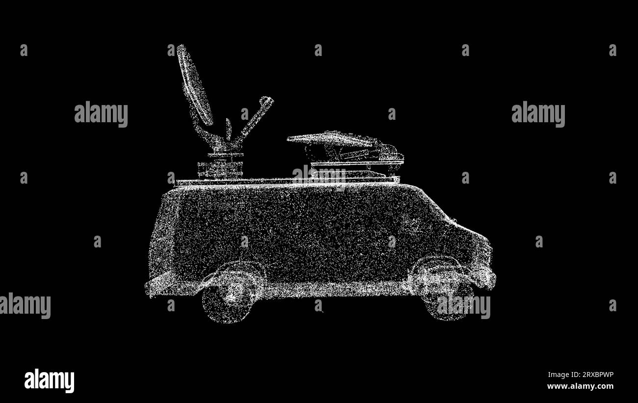 Der 3D News Van dreht sich auf schwarzem Hintergrund. Nachrichten- und Medienkonzept. Weltnachrichten. Hintergrund der Geschäftswerbung. Für Titel, Text, Präsentation. 3D-Animation Stockfoto