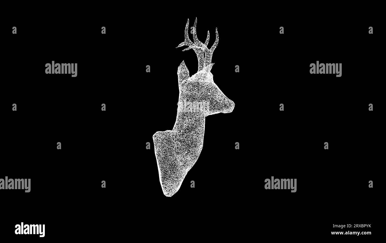 3D-Hirschkopf dreht sich auf schwarzem Hintergrund. Jagd- und Trophäenkonzept. Waldjagd. Hintergrund der Geschäftswerbung. Für Titel, Text, Präsentation. 3d Stockfoto