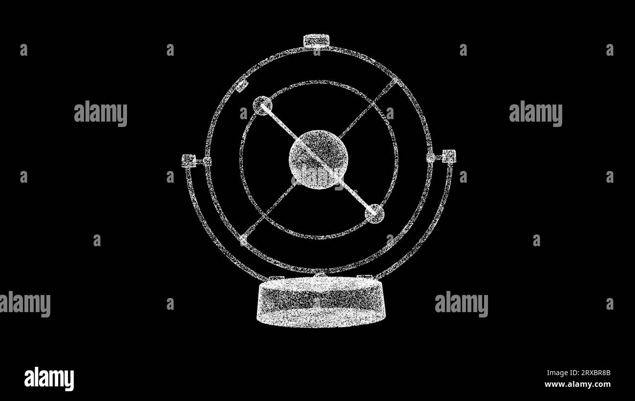 Das 3D-Sonnensystem dreht sich auf schwarzem Hintergrund. Wissenschaft und Raumfahrtkonzept. Armillarsphäre. Hintergrund der Geschäftswerbung. Für Titel, Text, Presen Stockfoto