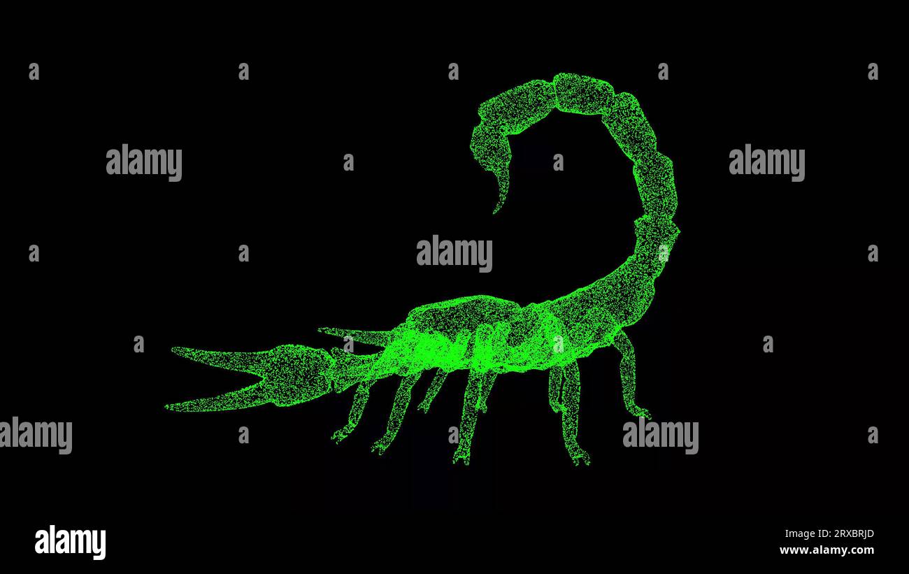3D-Skorpion auf schwarzem Hintergrund. Das Konzept gefährlicher Tiere. Giftiger Skorpion. Hintergrund für Geschäftswerbung. Für Titel, Text, Präsentation. 3D Stockfoto