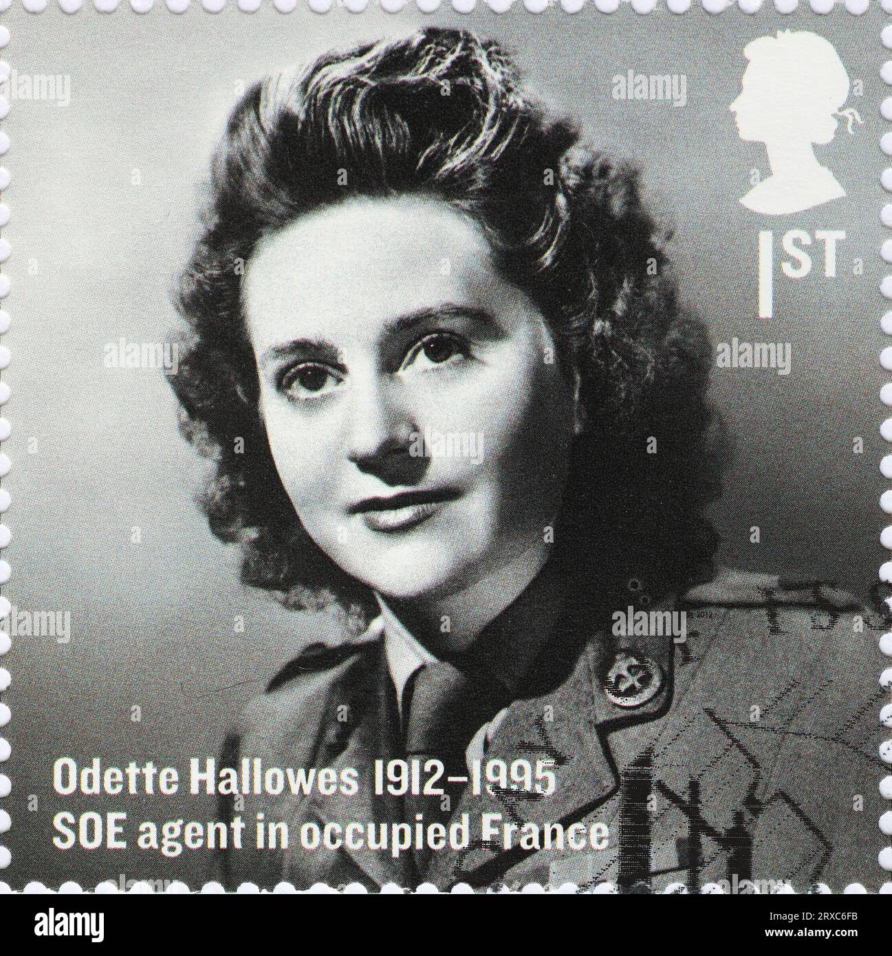 Der britische Spion Odette Hallowes Porträt auf Briefmarke Stockfoto