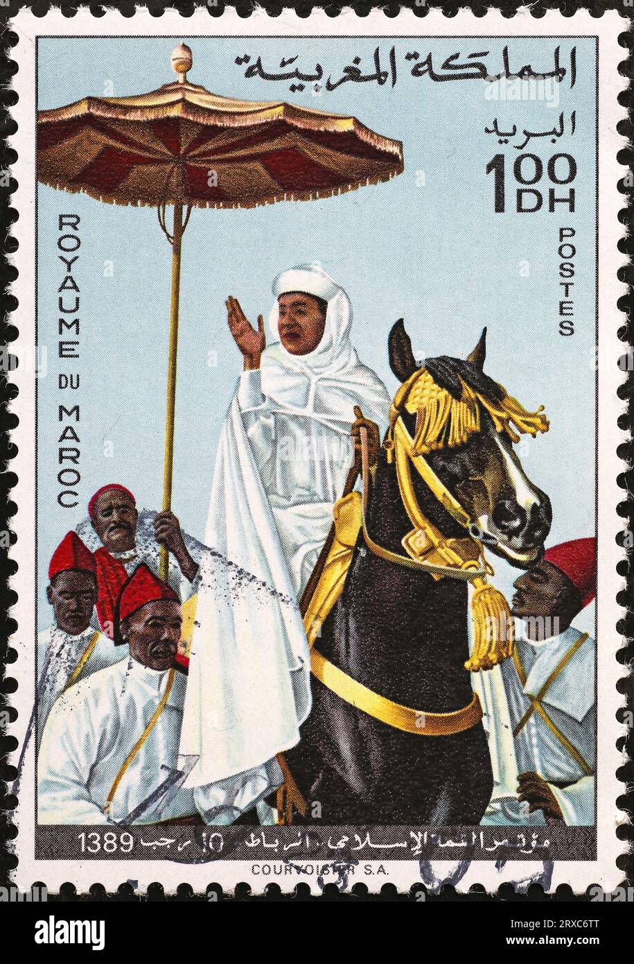 König von Marokko reitet auf einem Pferd auf Briefmarken Stockfoto