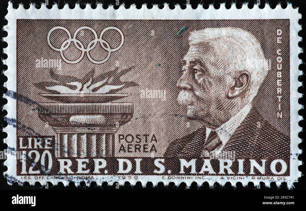 Pierre de Coubertin Porträt auf alter Briefmarke Stockfoto